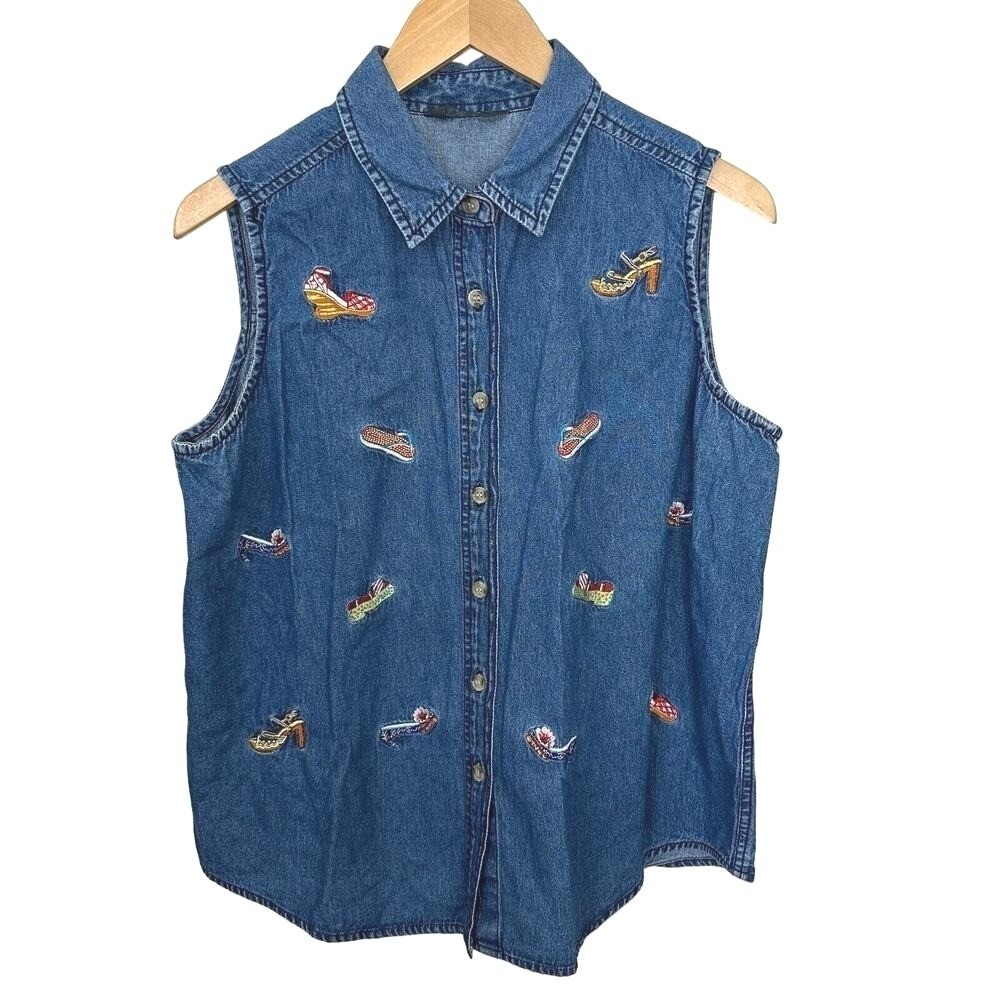 Vintage Embroidered Sleeveless Top Womens Large 100% Cotton Solutions‎ New York